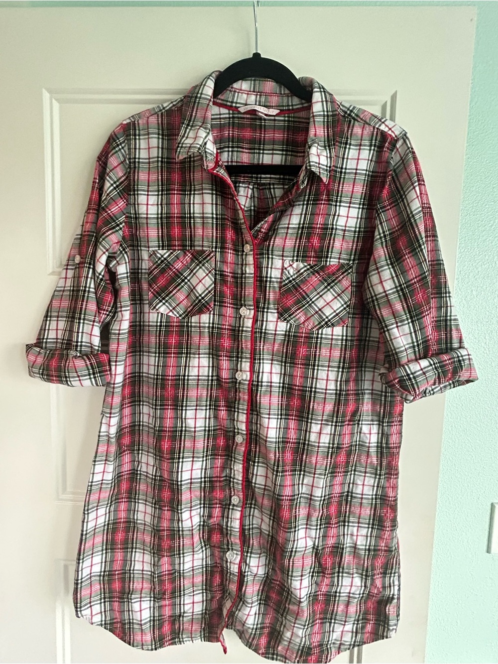 Victoria’s Secret Red Plaid Flannel Sleepshirt Medium  Holiday Metallic
